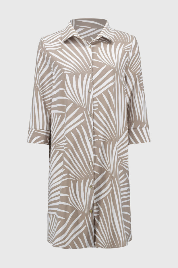 JOSEPH RIBKOFF - Dune/Vanilla Stretch Poplin Tropical Print Shirt Dress - 251144