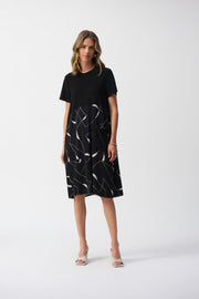 JOSEPH RIBKOFF - Black/Moonstone Silky Knit Geometric Print Trapeze Dress - 251271