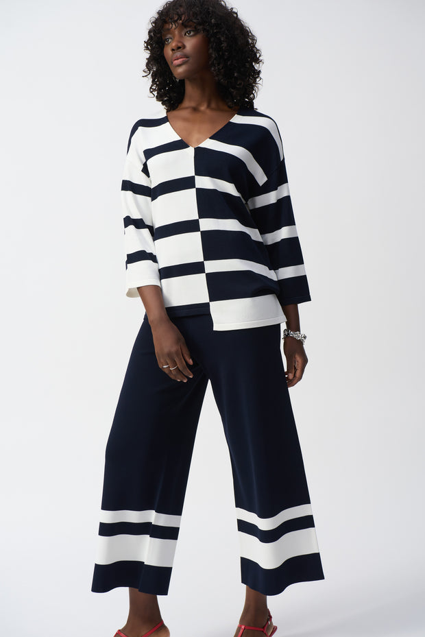 JOSEPH RIBKOFF - Midnight Blue/Vanilla Striped Sweater Knit V-Neck Pullover - 251914