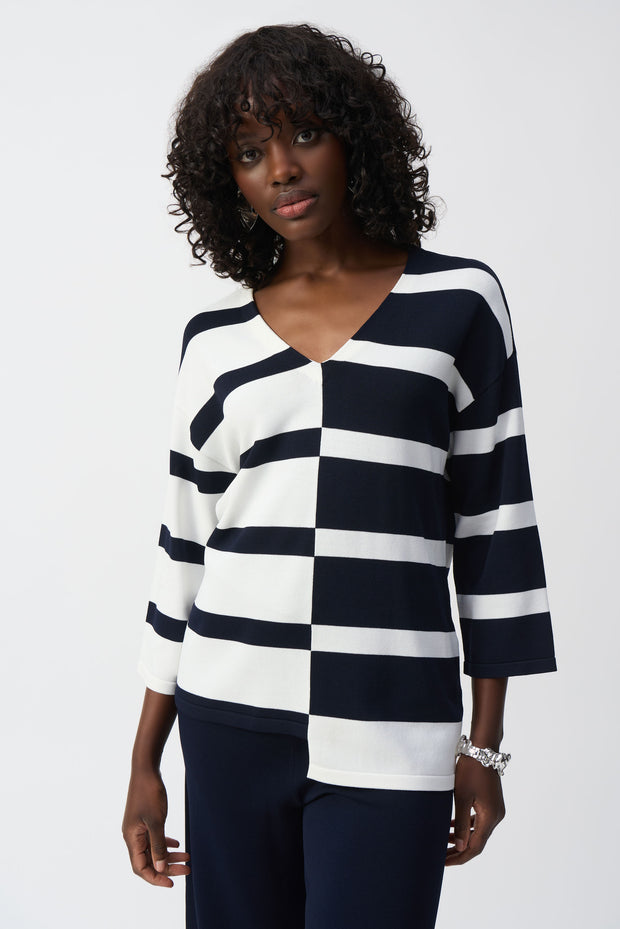 JOSEPH RIBKOFF - Midnight Blue/Vanilla Striped Sweater Knit V-Neck Pullover - 251914