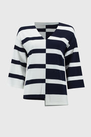 JOSEPH RIBKOFF - Midnight Blue/Vanilla Striped Sweater Knit V-Neck Pullover - 251914