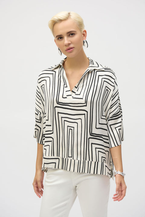 JOSEPH RIBKOFF - Cream/Black Satin Geometric Print Boxy Top - 252060