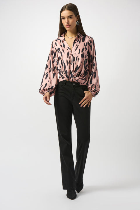 JOSEPH RIBKOFF - Pink/Black Recycled Satin Animal Print Draped Top - 253059