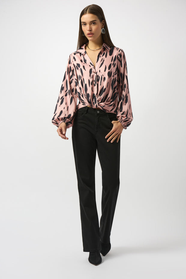 JOSEPH RIBKOFF - Pink/Black Recycled Satin Animal Print Draped Top - 253059