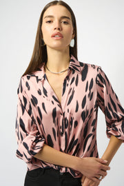 JOSEPH RIBKOFF - Pink/Black Recycled Satin Animal Print Draped Top - 253059