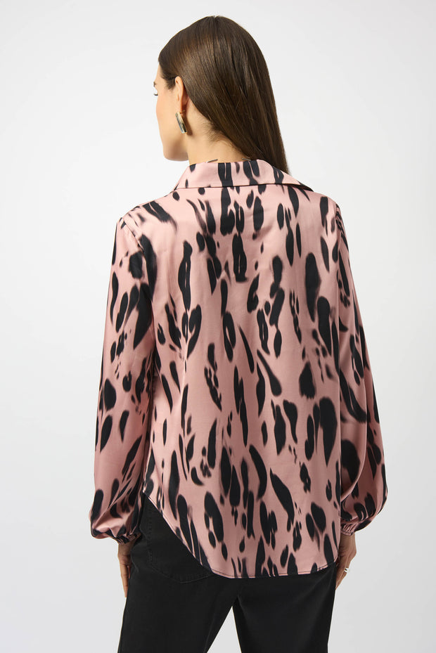 JOSEPH RIBKOFF - Pink/Black Recycled Satin Animal Print Draped Top - 253059