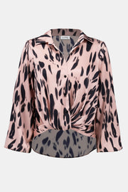 JOSEPH RIBKOFF - Pink/Black Recycled Satin Animal Print Draped Top - 253059