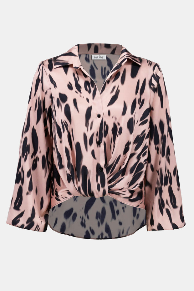 JOSEPH RIBKOFF - Pink/Black Recycled Satin Animal Print Draped Top - 253059