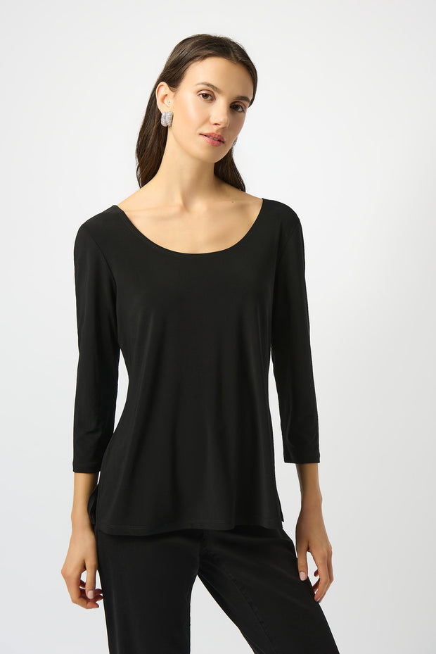 JOSEPH RIBKOFF - Black Silky Knit Scoop Neck Fit & Flare Top - 253945