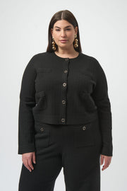 JOSEPH RIBKOFF - Black Sweater Knit Crew Neck Button-Front Jacket - 253983