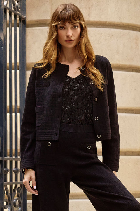 JOSEPH RIBKOFF - Black Sweater Knit Crew Neck Button-Front Jacket - 253983