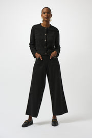 JOSEPH RIBKOFF - Black Sweater Knit Crew Neck Button-Front Jacket - 253983