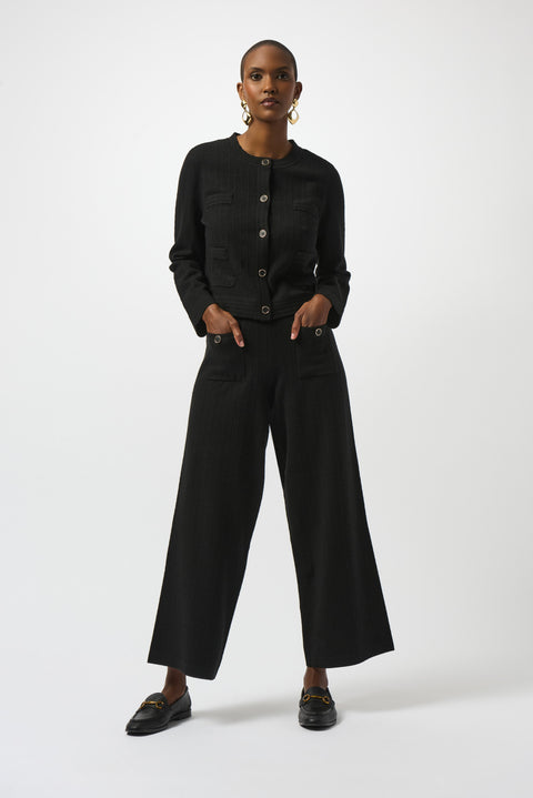 JOSEPH RIBKOFF - Black Sweater Knit Crew Neck Button-Front Jacket - 253983