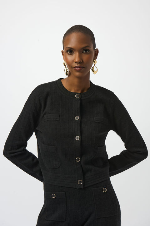 JOSEPH RIBKOFF - Black Sweater Knit Crew Neck Button-Front Jacket - 253983