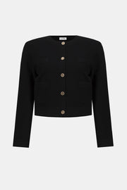JOSEPH RIBKOFF - Black Sweater Knit Crew Neck Button-Front Jacket - 253983