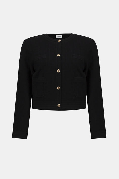 JOSEPH RIBKOFF - Black Sweater Knit Crew Neck Button-Front Jacket - 253983