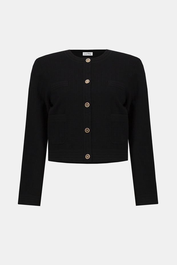 JOSEPH RIBKOFF - Black Sweater Knit Crew Neck Button-Front Jacket - 253983