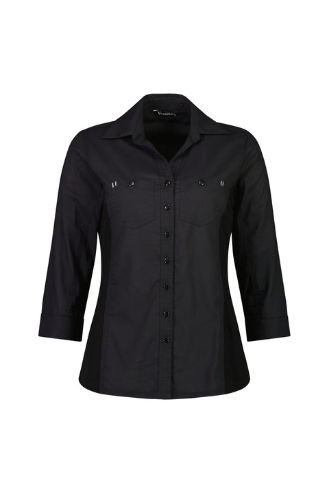 VASSALLI - Black Button Up Shirt with Rib Panels - 4032