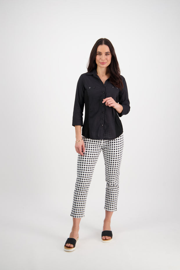 VASSALLI - Black Button Up Shirt with Rib Panels - 4032