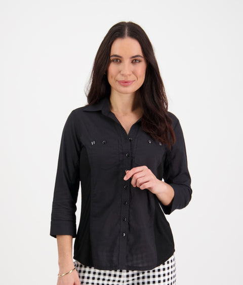 VASSALLI - Black Button Up Shirt with Rib Panels - 4032