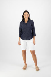 VASSALLI - Plain Button Up Shirt with Rib Panels - Ink - 4032