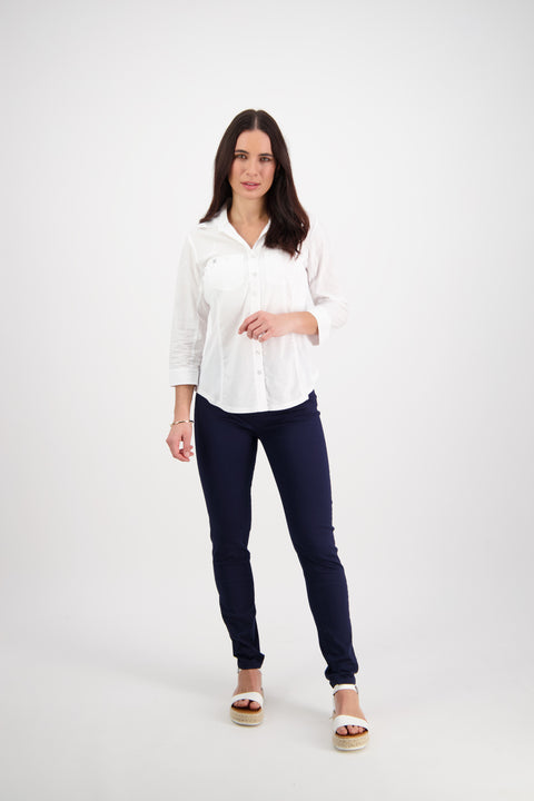 VASSALLI - Plain Button Up Shirt with Rib Panels - White - 4032