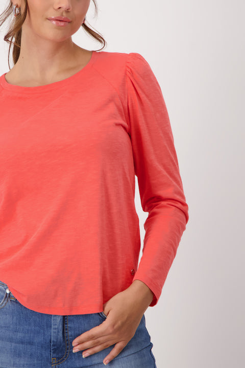 MONARI - Bright Coral Long Sleeve Round Neck T-Shirt - 408361