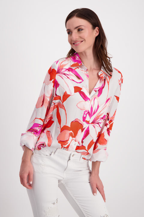 MONARI - Bright Coral Floral Shirt Collar Blouse - 408533