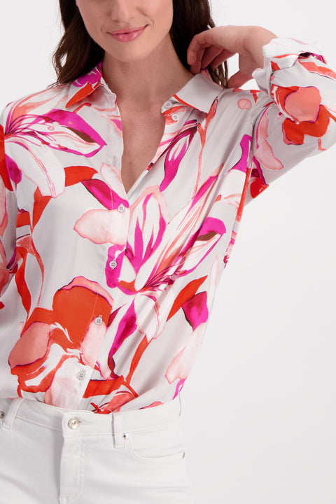 MONARI - Bright Coral Floral Shirt Collar Blouse - 408533