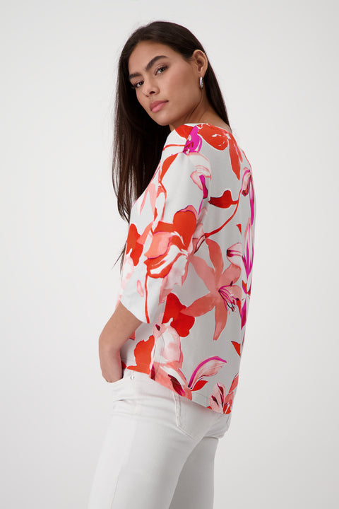 MONARI - Bright Coral Floral 3/4 Sleeve Round Neck Top - 408534