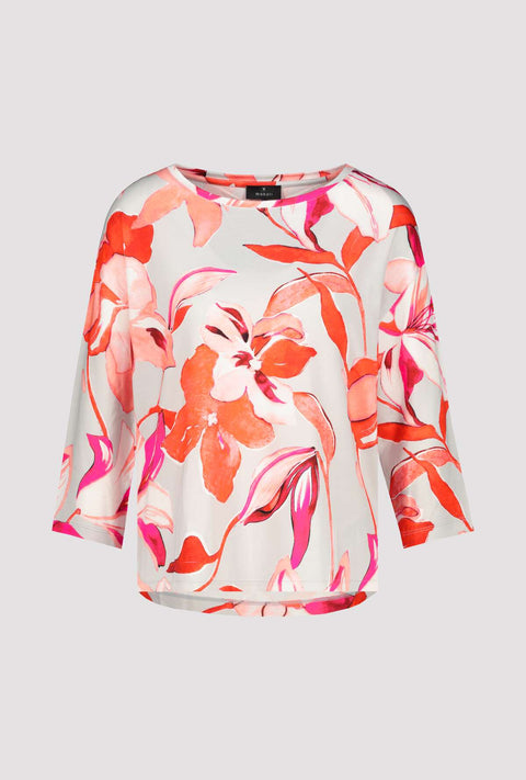 MONARI - Bright Coral Floral 3/4 Sleeve Round Neck Top - 408534