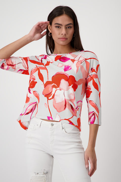 MONARI - Bright Coral Floral 3/4 Sleeve Round Neck Top - 408534