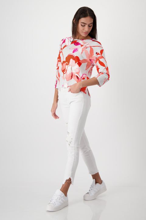 MONARI - Bright Coral Floral 3/4 Sleeve Round Neck Top - 408534