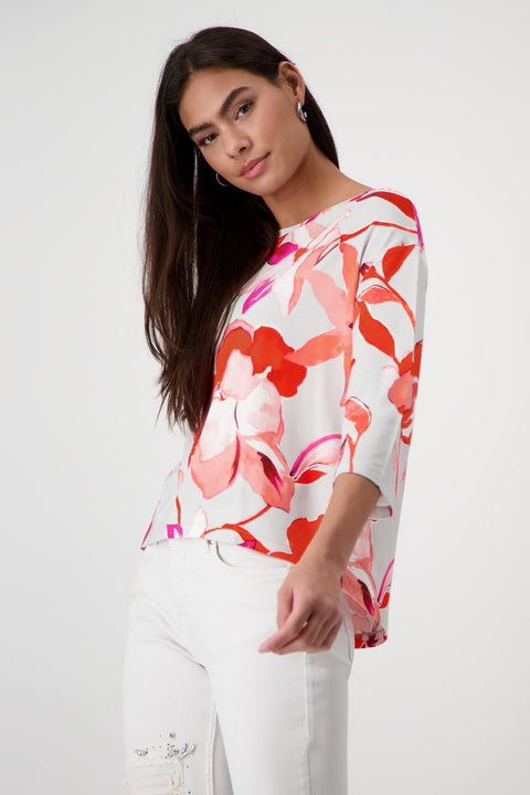 MONARI - Bright Coral Floral 3/4 Sleeve Round Neck Top - 408534