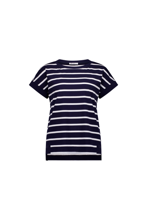 VASSALLI - Ink/White Stripe Drop Sleeve Top with Stepped Hem - 4363S