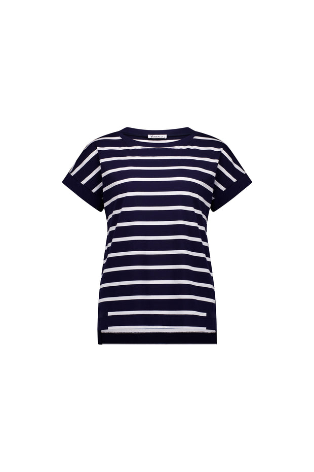 VASSALLI - Ink/White Stripe Drop Sleeve Top with Stepped Hem - 4363S