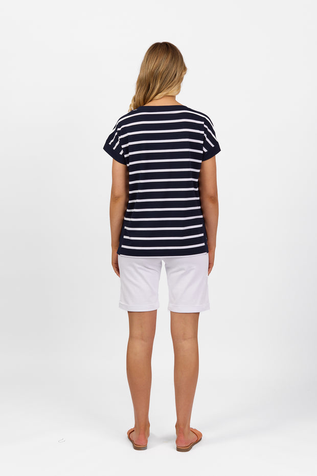 VASSALLI - Ink/White Stripe Drop Sleeve Top with Stepped Hem - 4363S