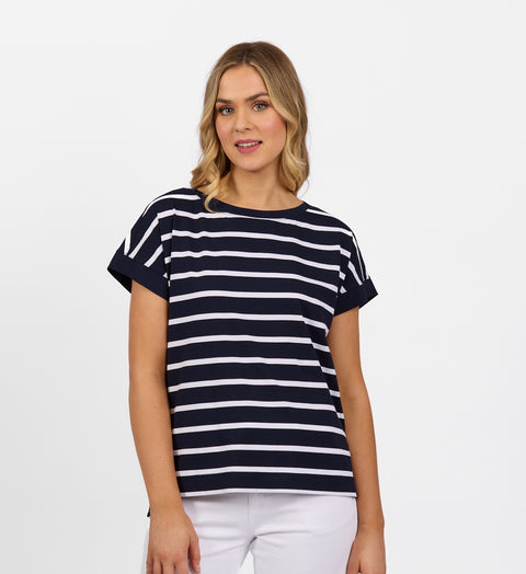 VASSALLI - Ink/White Stripe Drop Sleeve Top with Stepped Hem - 4363S