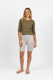 VASSALLI - Khaki Stripe Slim Leg Above Knee Short with Contrast Trim - 5998