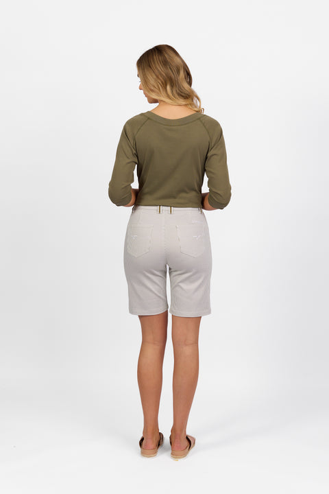 VASSALLI - Khaki Stripe Slim Leg Above Knee Short with Contrast Trim - 5998