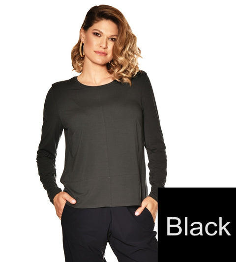 PAULA RYAN ESSENTIALS - Black Easy Fit Long Sleeve Panel Front Top - 6180