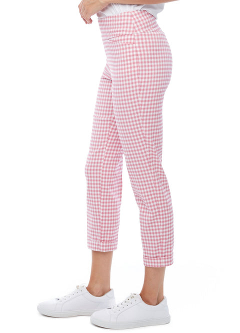 UP! PANTS - Gingham Cuffed Cropped Pant in Blush/White - 67734