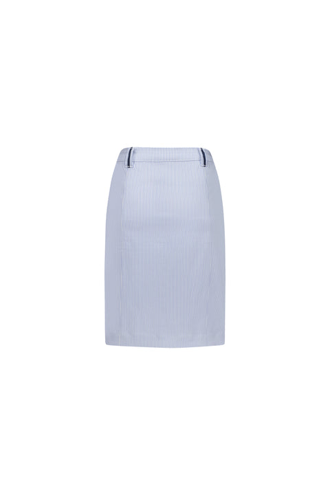 VASSALLI - Blue Stripe Knee Length Skirt with Contrast Button & Trim - 7049