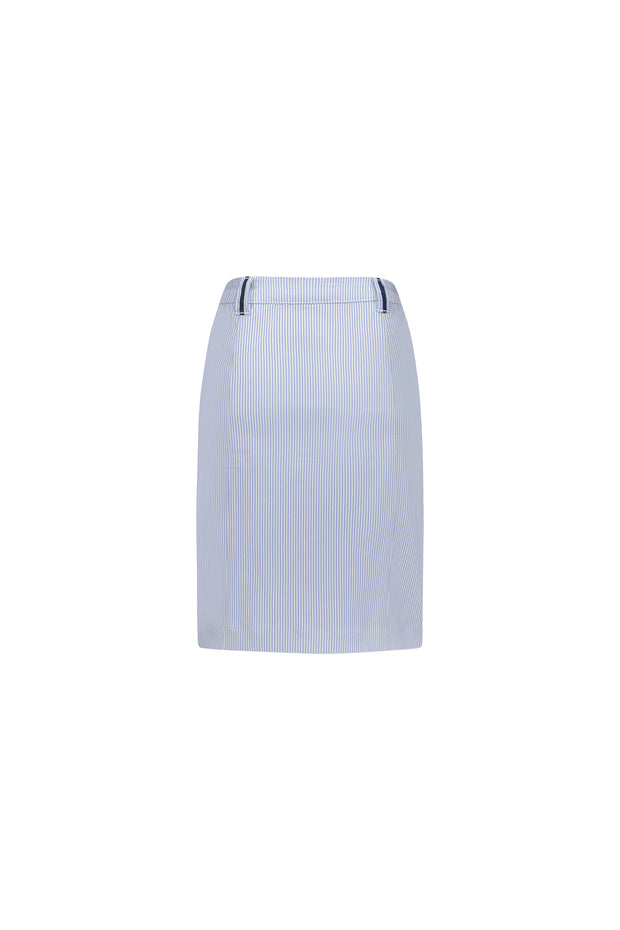 VASSALLI - Blue Stripe Knee Length Skirt with Contrast Button & Trim - 7049