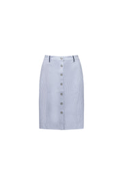 VASSALLI - Blue Stripe Knee Length Skirt with Contrast Button & Trim - 7049