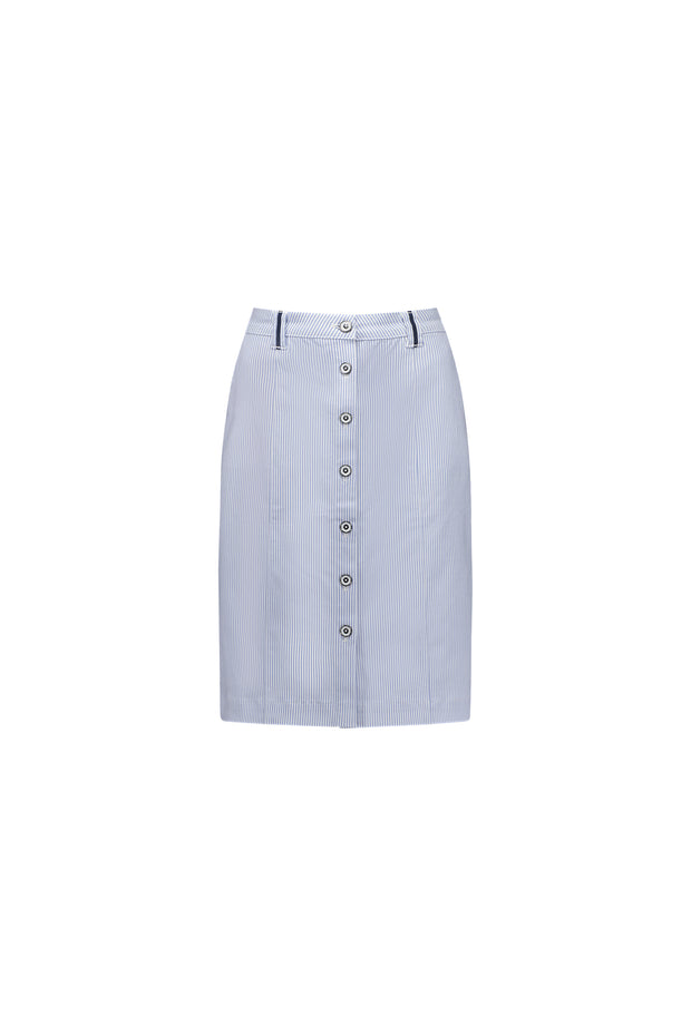 VASSALLI - Blue Stripe Knee Length Skirt with Contrast Button & Trim - 7049