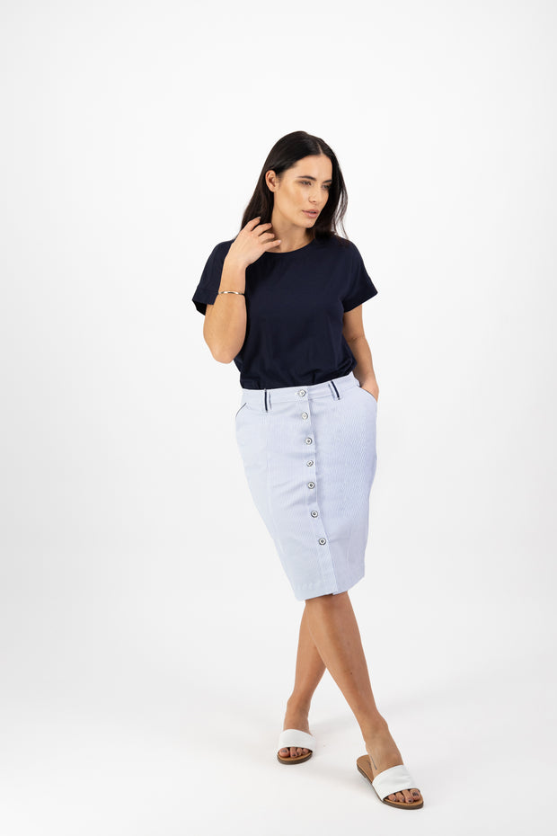 VASSALLI - Blue Stripe Knee Length Skirt with Contrast Button & Trim - 7049