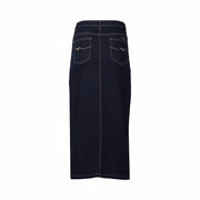 VASSALLI - Ink Denim Mid Length Skirt with Centre Front Split - 7056