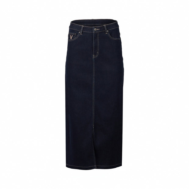 VASSALLI - Ink Denim Mid Length Skirt with Centre Front Split - 7056