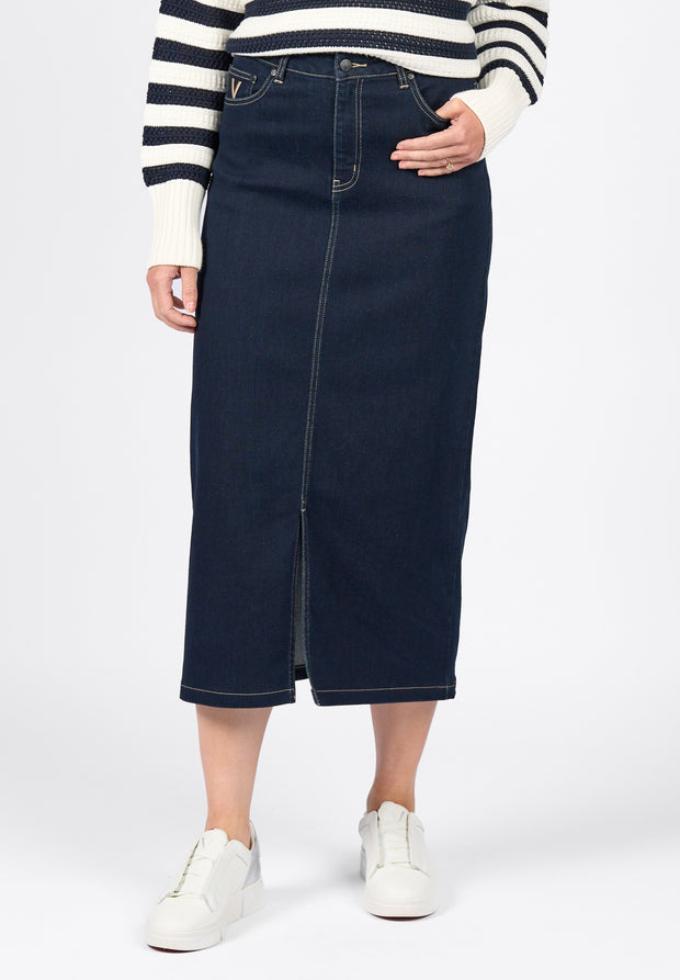 VASSALLI - Ink Denim Mid Length Skirt with Centre Front Split - 7056